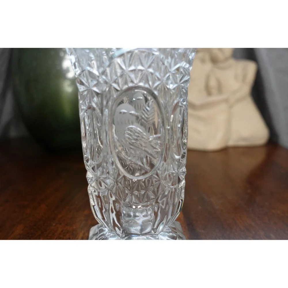 Vintage Hofbauer Byrdes Germany lead crystal vase sawtooth edges and etched bird